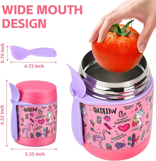 10oz Soup Thermo for Hot Food Kids Insulated Food Jar,Thermo Hot Food Lunch Container, Width Mouth Stainless Steel Lunch Box for Kids with Spoon (Pink-flamingo)