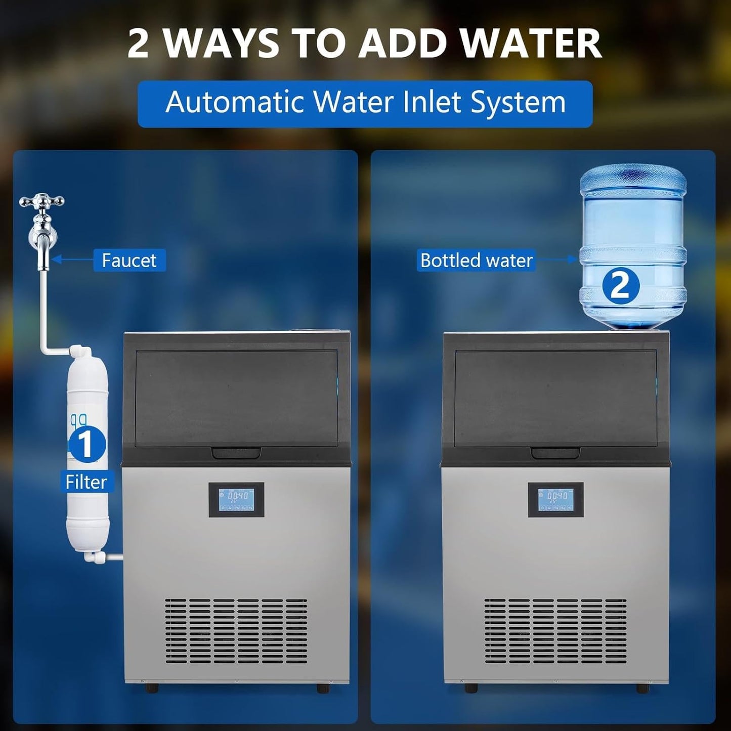 Commercial Ice Maker, 100 Lbs/24H Stainless Steel Free Standing Ice Maker with LCD Display, 33 Lbs Ice Storage Bin, Self Cleaning Under Counter Ice Maker for Bar, Restaurant, 2 Ways to Add Water