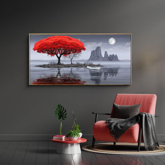 XLSJERST Large Wall Art - Red Room Wall Art Bedroom Decoration Frame Canvas Artwork Moon Landscape Lake Pacture for Living Room Office Black and White Wall Art 20x40 Inches