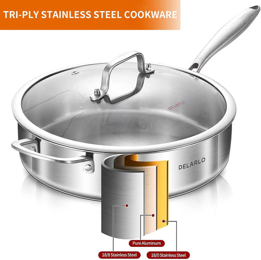 DELARLO Tri-Ply Stainless Steel Saute Pan Set With Lid Kitchen Cookware Set,Frying Pan Set Heats quickly Cookware, Suitable for All Stove Kitchen, Pots and Pans set