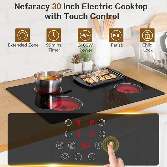30 Inch Electric Cooktop with 4 Burner, 6400W Electric Stove top with Touch Control, Built-in Ceramic Cooktop, Pause, Safety Lock, Extended Zone & Timer, 220V Hard Wire, Nefaracy