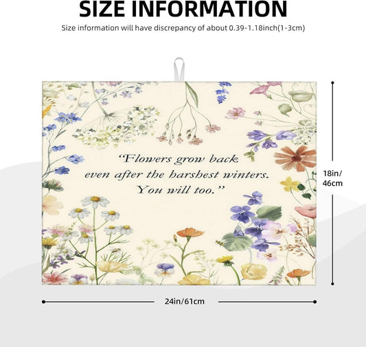 Inspirational Flower Language Dish Drying Mat 18x24 Inch, Microfiber Absorbent Fast Dry Mat Daisy Floral Large Dish Mat Drying Kitchen Mat, Kitchen Drying Pad for Kitchen Counter Decor