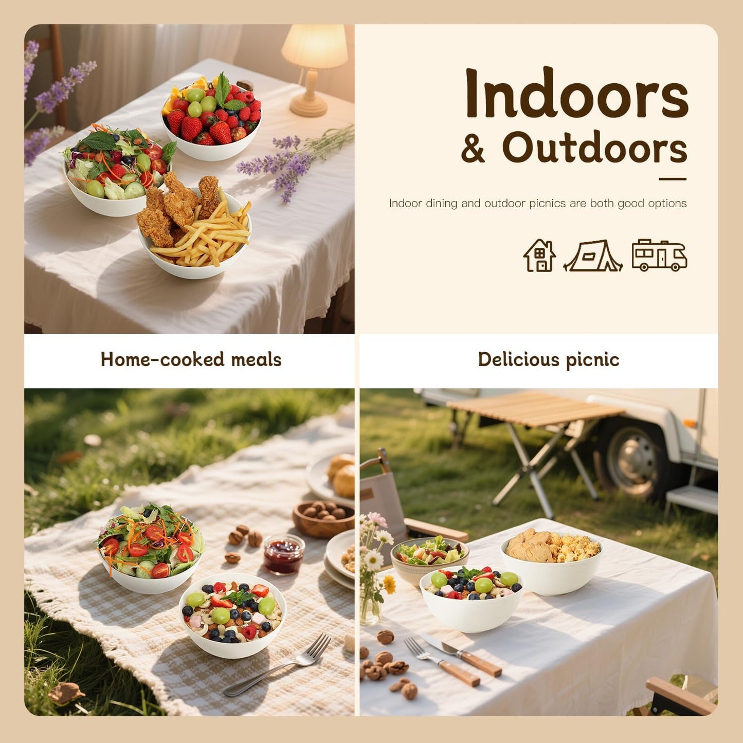 Wrova Beige Wheat Straw Bowls for Cereal and Salad,Alternative Plastic Bowls Set of 6,40oz Unbreakable Soup Bowls suitable for Kitchen,Party,Camping and R.V.