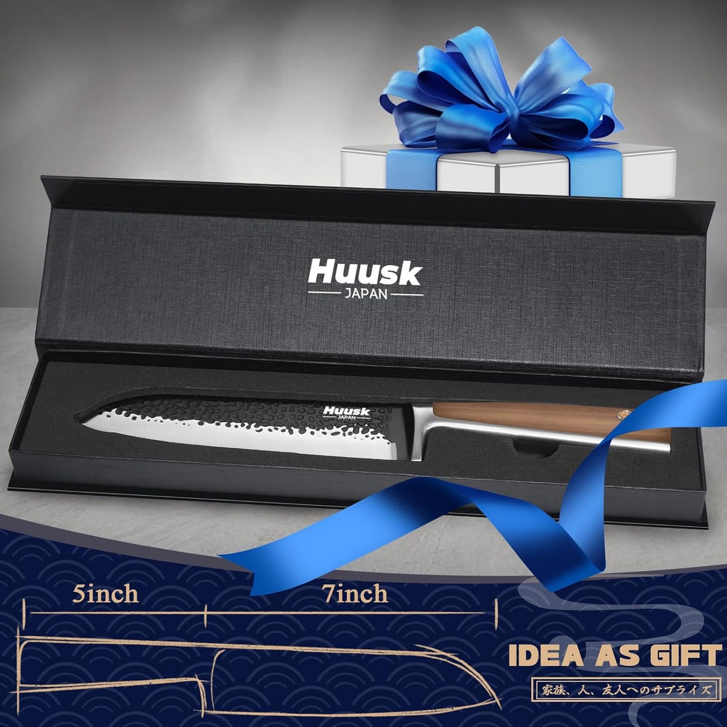 Huusk Santoku Knife 7 Inch Japanese Kitchen Knife Hand Forged Chopping Knives Razor Sharp Chef Knife for Vegetables Meat Home Cooking with Premium Present Box for Dad Mom