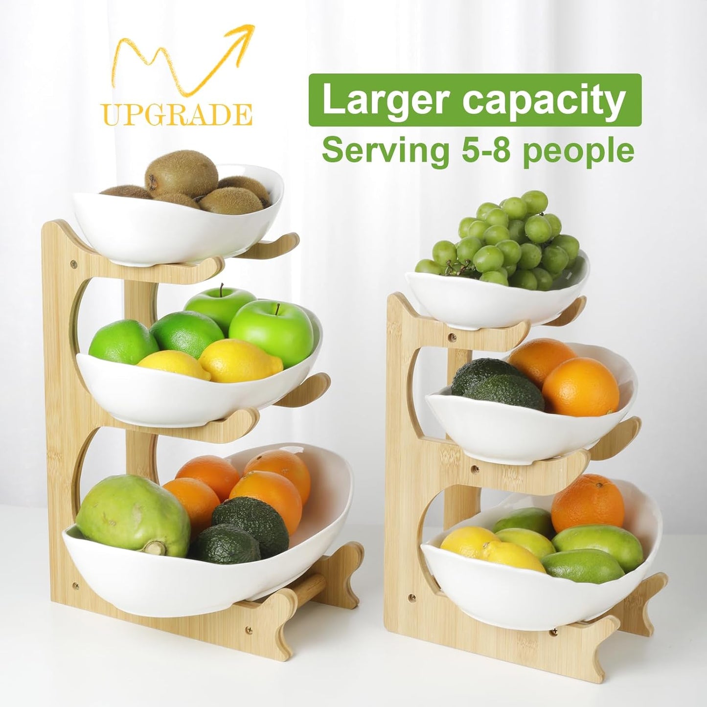 Seven Sparta 3 Tier Fruit Bowl for Kitchen Counter (PLUS Series) / Ceramic Serving Bowls with Bamboo Stand/Big Size Tiered Fruit Basket for Fruit Vegetable Storage, Dessert, Salad Buffet Server
