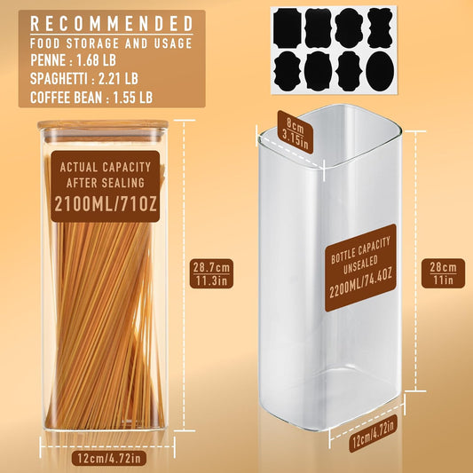 71oz Rectangle Airtight Glass Storage Containers with Bamboo Lids (Set of 3), Square Food Storage Jar, Pantry Organizers for Sugar, Flour, Spaghetti and Coffee beans (with Black Lable)