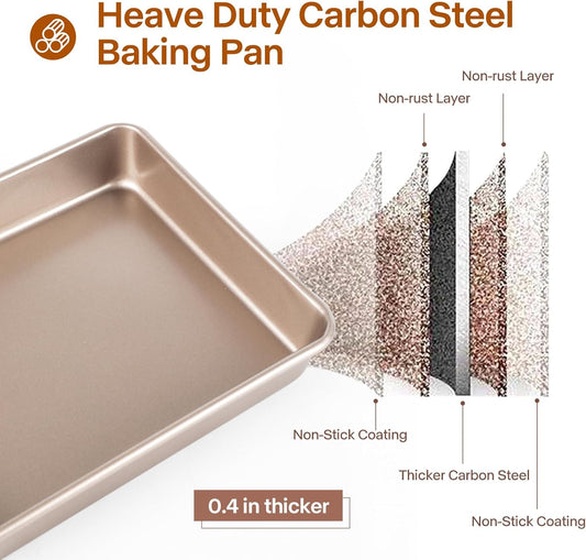 Deep Baking Pans Set, 3-Pieces Rectangle Cake Pan, Nonstick Roasting Pans Set for Thanksgiving Christmas, 9/11/13 Inch, Toaster Oven Tray Bakeware Set, Lasagna Pan Deep Size, Heavy Duty, Gold