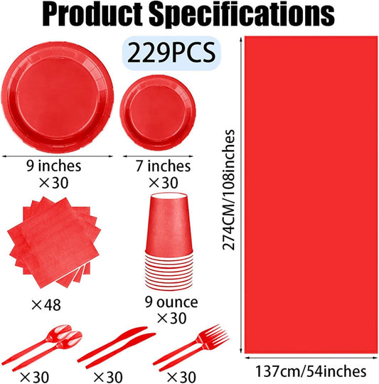 TWOWYHI 229PCS Red Party Supplies Set Paper Disposable Plates Cups Plastic Spoons Forks Knives Red Napkins for 30 Guests Disposable Party Dinnerware Sets for Wedding Birthday Parties