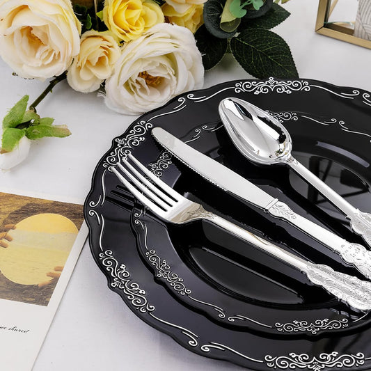 DaYammi 150 Pcs Black Silver Plastic Plates & Silver Plastic Silverware,Black silver Disposable plates for Include 30 Dinner Plate,30 Dessert Plate,30 Knives,30 Forks,30 Spoons for Halloween Party