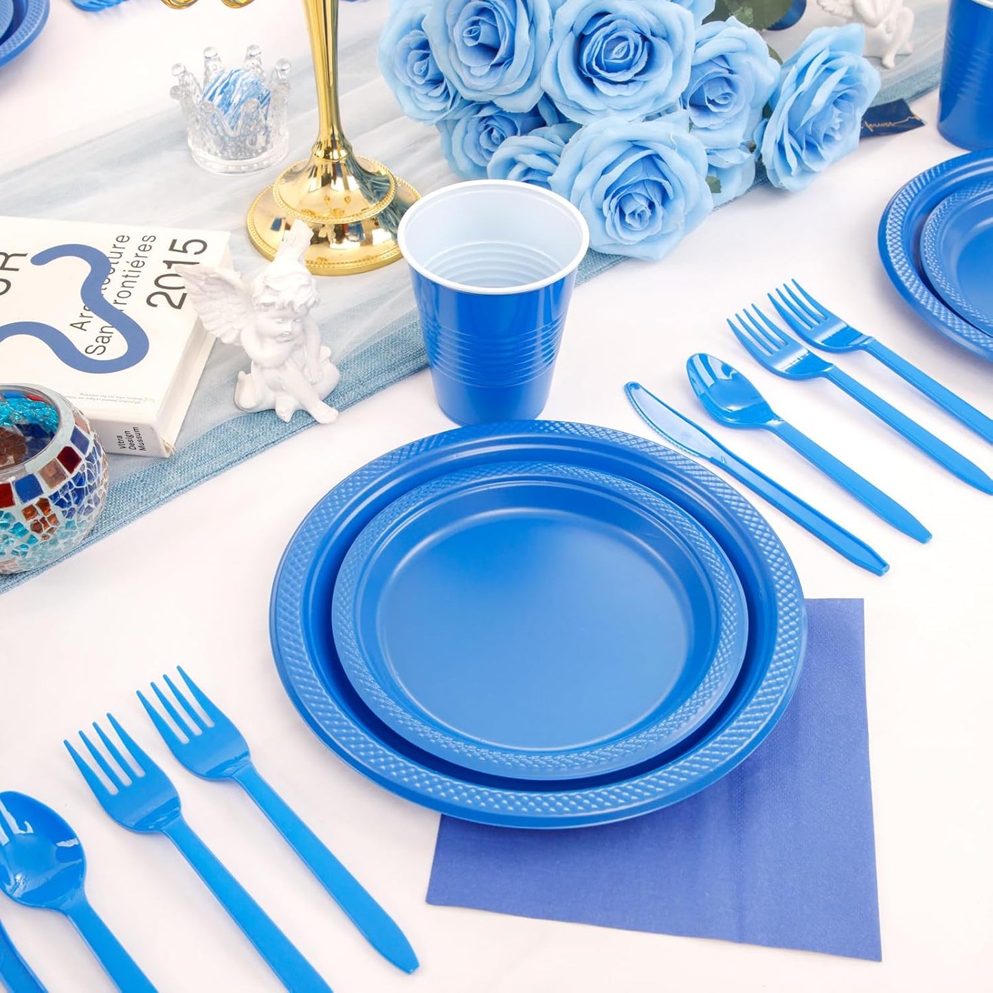 WELLIFE 210 Pcs Blue Party Supplies, Plastic Dinnerware Set, Including Blue Plastic Plates and Napkins, Disposable Cutlery and 12OZ Cups, Serve 30 Guests for Party
