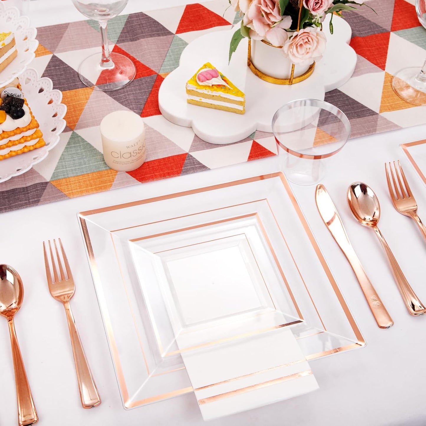 Festiva 350Pcs Rose Gold Plastic Plates - Clear Rose Gold Disposable Dinnerware Sets for 50Guests include 100 Plates 50 Cups 50Plastic Cutlery 50Napkins for Christmas Party&Wedding&Mother's Day
