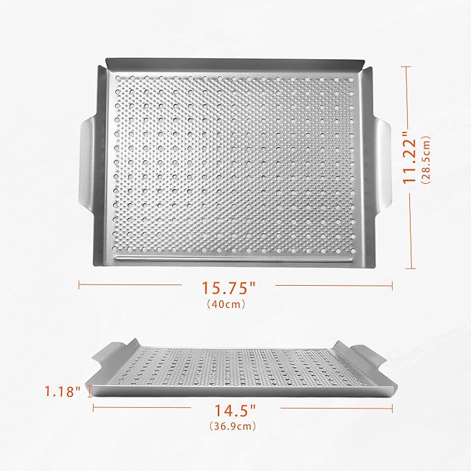 Grill Pan, Nonstick Grill Topper for Outdoor Grilling, Perforated BBQ Tray with Handles for Vegetable, Fish, Meat, Seafood (15x11)
