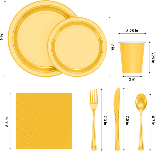 Exquisite 350 Pieces Yellow Paper Plates For Party, Yellow Disposable Plates Set, 50 Of Each 9" Dinner Plate Set, 7" Dessert Plate, Cups, Napkins & Cutlery Paper Dinnerware