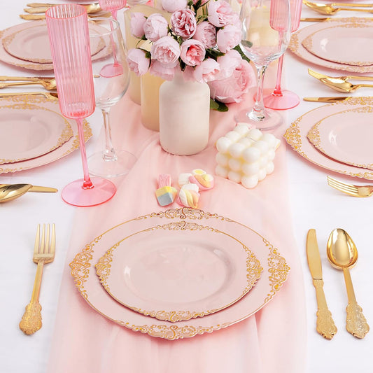 102PCS Pink Plastic Plates - Pink and Gold Plate - Heavyweight Disposable Plate with Gold Rim - Fancy Dinner & Dessert Plates for 51 Guests Weddings & Parties