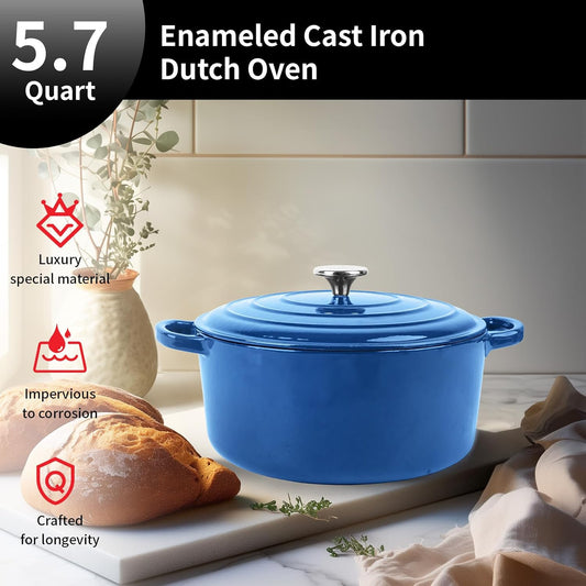 Enameled Cast Iron Dutch Oven Pot with Lid, 5.7 Quart Dutch Oven for Bread Baking, Oven Safe up to 500° F, Suitable for Bread Baking, Braising, Roasting, Stews, Blue
