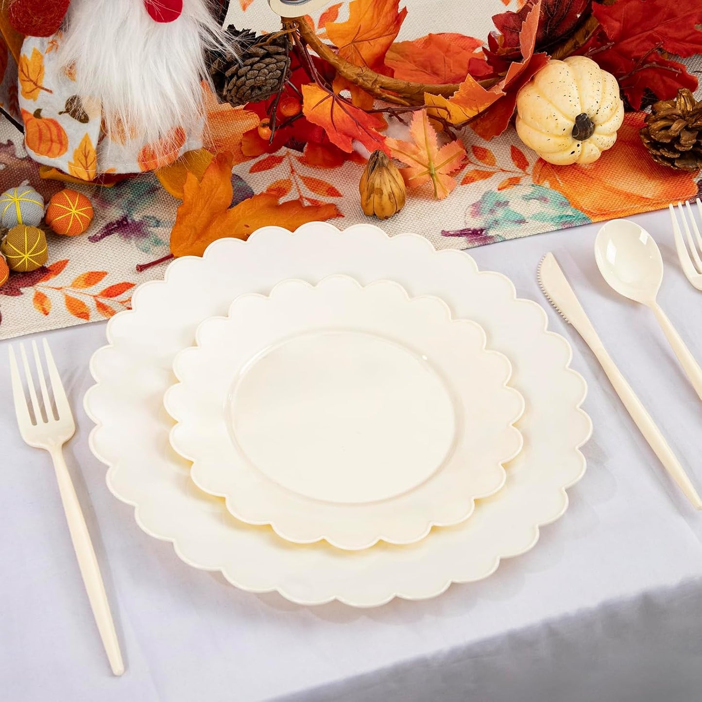 WONDERFUL 150 Pcs Ivory Plastic Plates for Party Disposable Heavy Duty Thanksgiving Plates Ivory Plastic Dinnerware Sets for 30 Guests - 60 Disposable Plate 90 Silverware Sets Scalloped Vintage Design