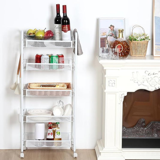 Fruit Vegetable Storage Basket with Rolling Wheels, 5 Tier Stackable Metal Mesh Storage Basket, Fruit and Vegetable Basket Cart, Produce Storage Organizer for Kitchen, Pantry, Bathroom (White)