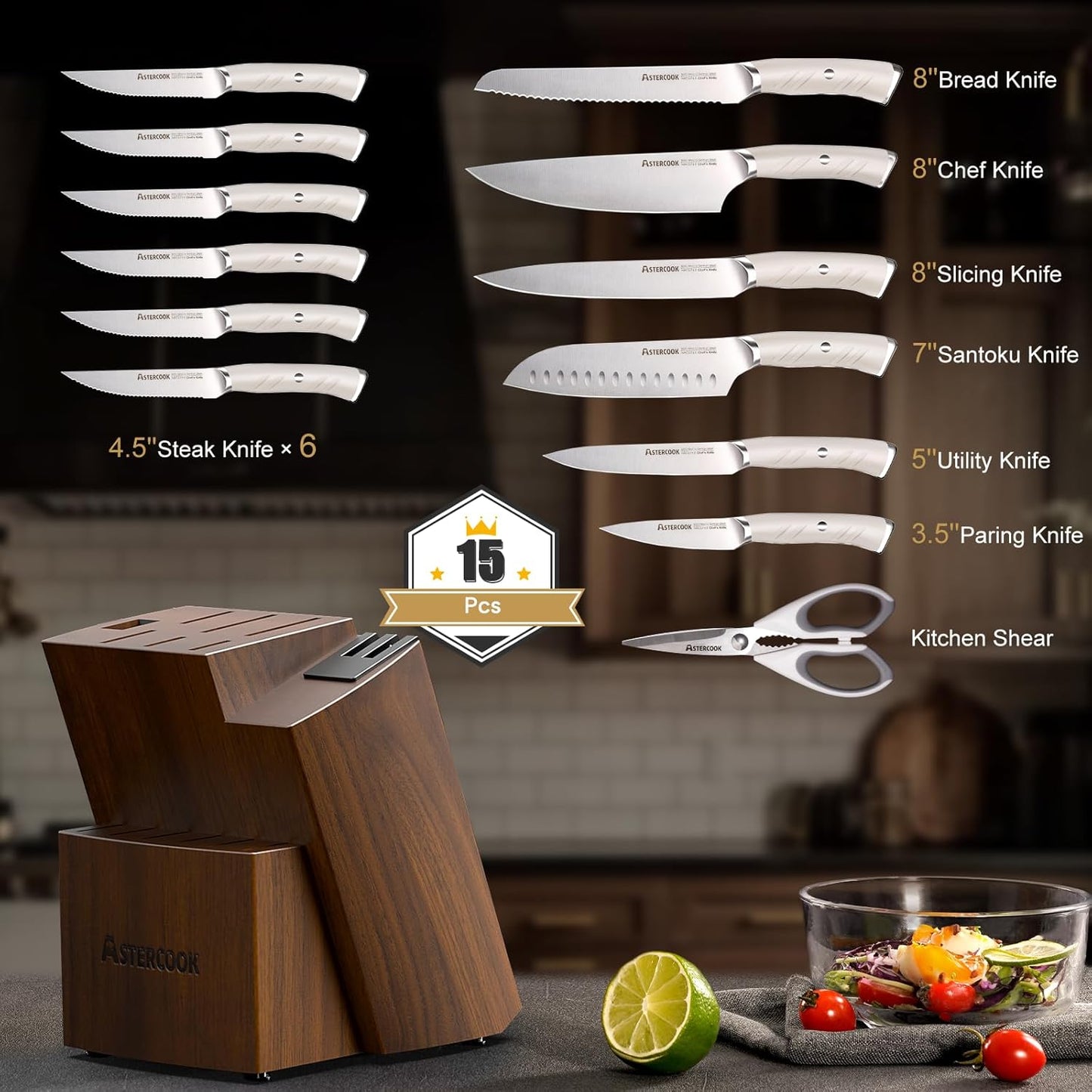 Astercook Knife Set Kitchen with Block and Dual Sharpener Full Tang 15 Pcs German Stainless Steel Knives Dishwasher Safe Kitchen Utensils Set with Anti-slip Ergonomic Handle, Elegant White