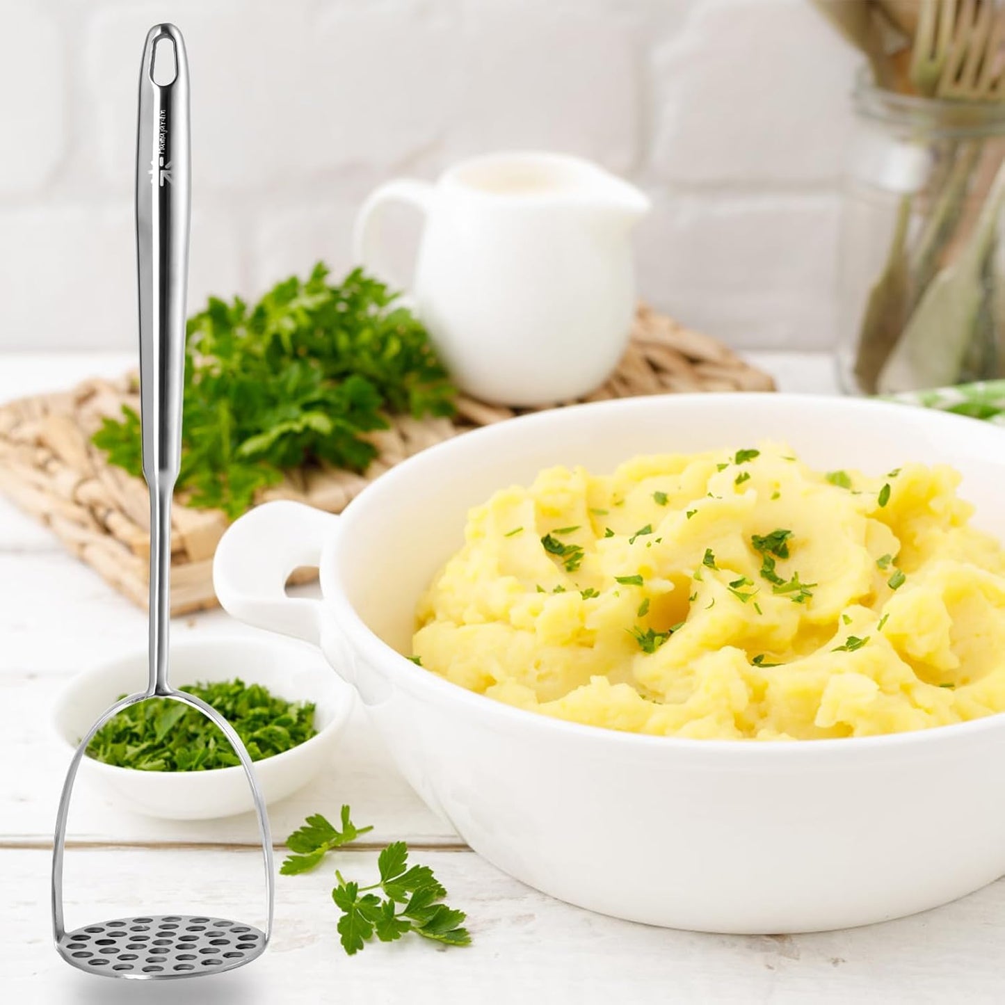 Potato Masher Stainless Steel - Mashed Potato Masher Kitchen Tool,Potato Smasher for Avocado, Tomato, Fruit & Vegetables, Pet Food, Heavy Duty Metal Bean Masher Utensil, Dishwasher Safe, 12.5-Inch