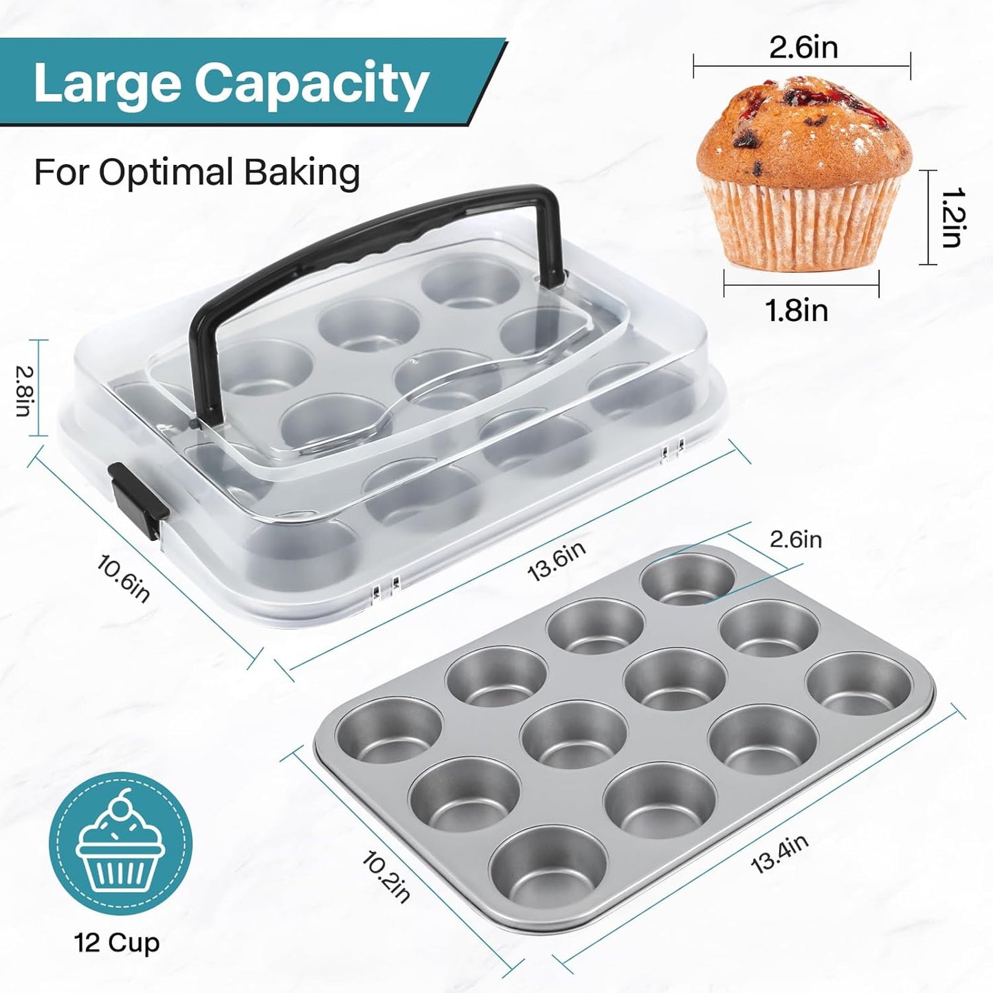 2-Pack Cupcake Pan with Lid, 12-Cup Nonstick Muffin Pan with Handle – Cupcake Carrier for Baking & Transporting, Perfect for Party, Holiday, Gathering