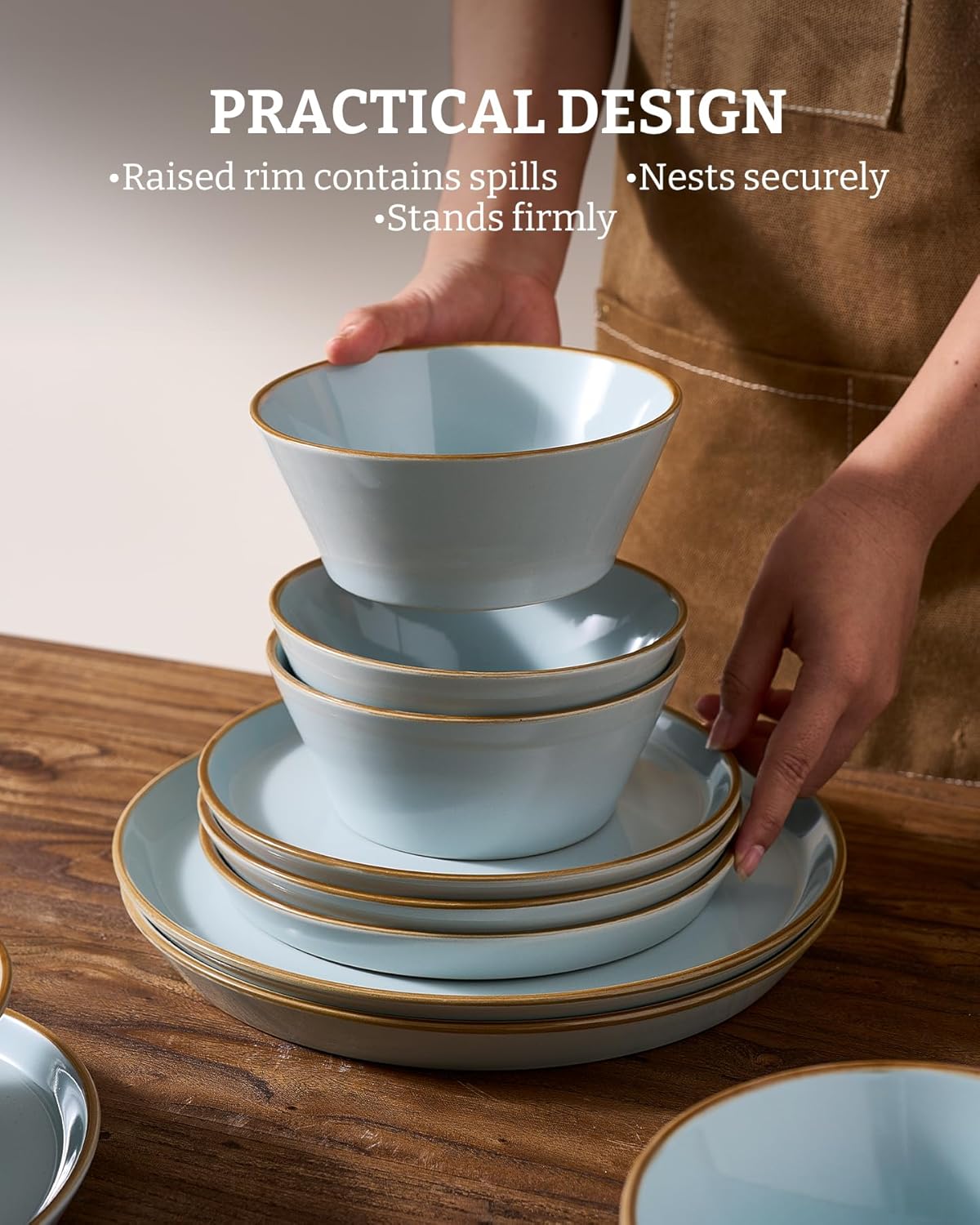 Famiware Saturn Dinnerware Sets, Plates and Bowls Sets for 4, 12 Pieces Stoneware Dish Set - Chip and Scratch Resistant, Microwave and Dishwasher Safe Tableware Set, Light Blue with Rim