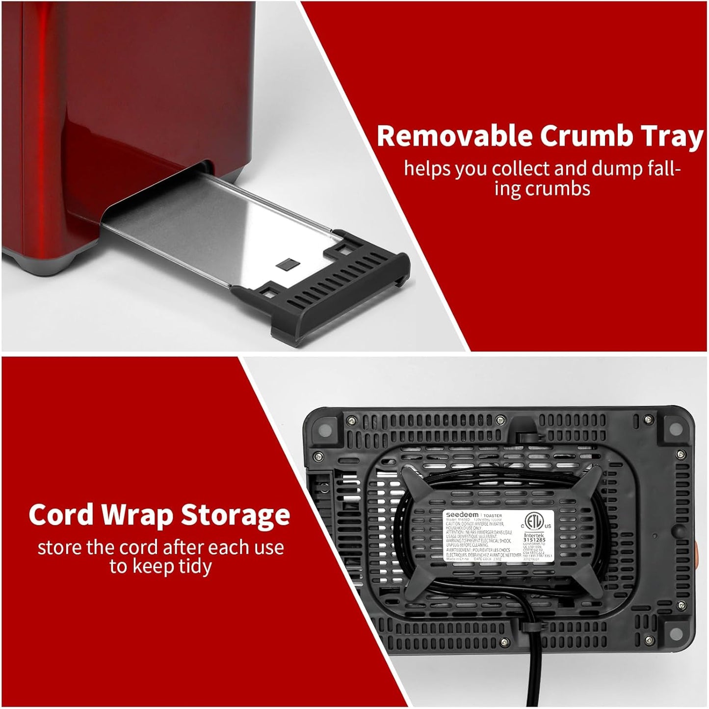 SEEDEEM Toaster 2 Slice, Touch Control Stainless Toaster LCD Display, 50% Faster Heating Speed, 1.4'' Wide Slots, More Timer Functions, Removable Crumb Tray, 1350W, Dark Cherry