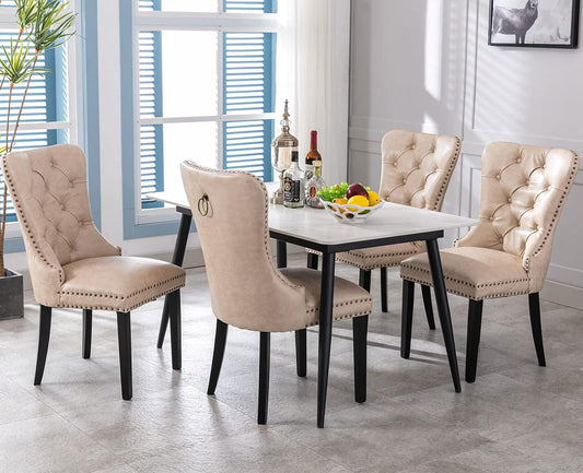 Beige Leather Dining Chairs Set of 6 Mid Century Modern Tufted Chairs Armless Rubber Wood Vintage Chairs Upholstered Nailhead PU Side Chair with Pull Ring for Kitchen/Cafe Decor Furniture