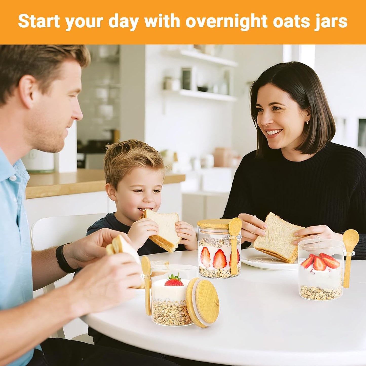 Glass Jars with Bamboo Lids - 4 Pack 15 Fl.oz Round Glass Storage Jars with Airtight Lid and Spoon, Clear Stackable Food Container for Overnight Oats, Spice, Coffee, Sugar, Tea Canister