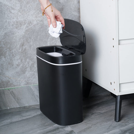 Sooyee 14 litres Automatic Bathroom Trash Can with lid,3.6 Gallon Touchless Trash Can or Kick for Kitchen,Office,Bedroom,Bathroom,Living Room,Black