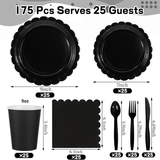 175 Pcs Black Plates and Napkins 25 Guest Halloween Plates Set Black Party Supplies Includes Scalloped Party Plate Napkins Cups Plastic Cutlery for Birthday, Halloween, New Year