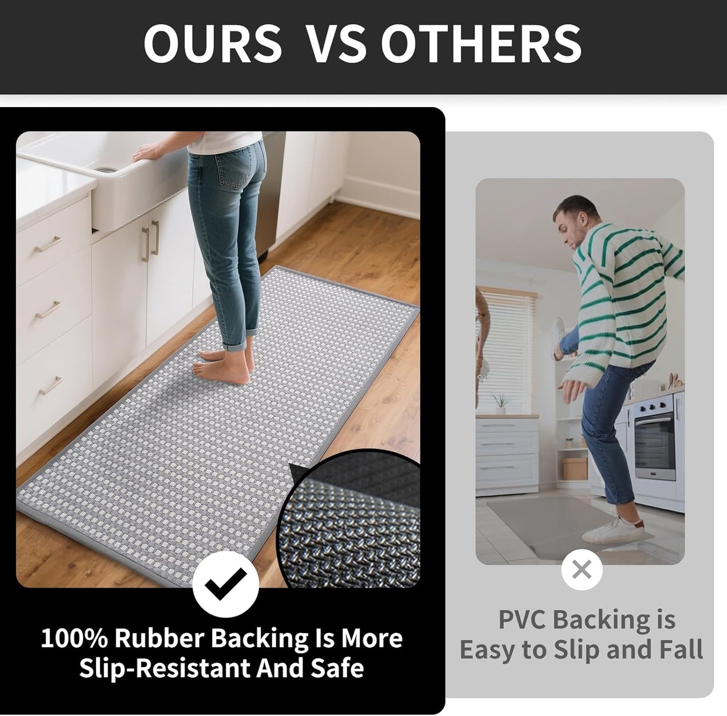 Kitchen Mat Kitchen Rugs Sets of 2 PCS Non Slip Washable, Super Absorbent Soft Braided Kitchen Mats for Floor, Rubber Backing Comfort Standing Kitchen Sink Mat Runner Rug, Gray 17"x28"+17"x59"