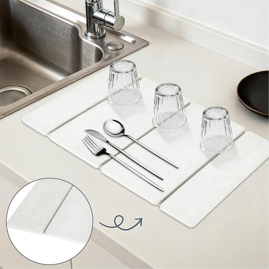 Stone Dish Drying Mat for Kitchen Counter,24x16 Collapsible Diatomaceous Earth Mats, Quick Drying Absorbent Dish Mat,Non-Slip Countertop & Bath Mat for Dishes Cups Bottles,White