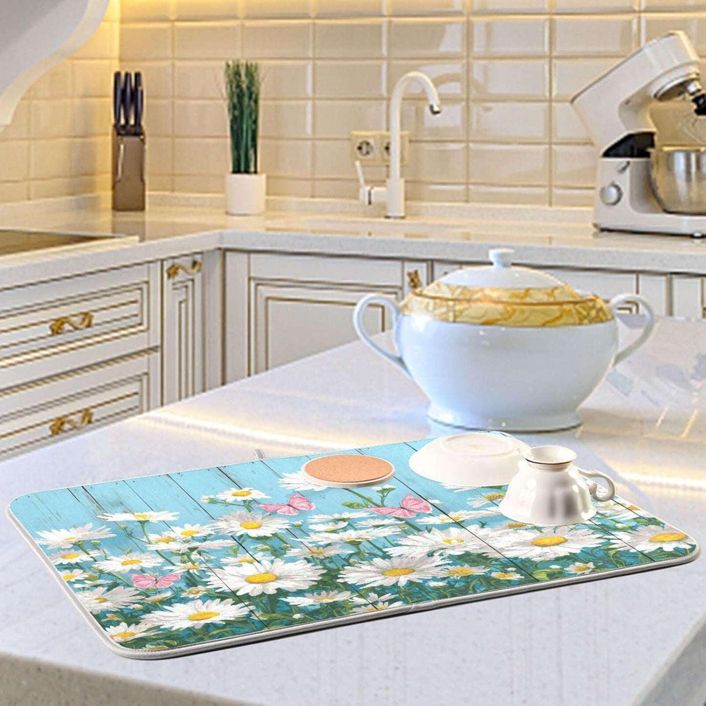 Daisies Flower Pink Butterflies Dish Drying Mat for Kitchen Counter Super Absorbent Dishes Pad Reversible Microfiber Protector Dish Draining Mats 16x18 inch