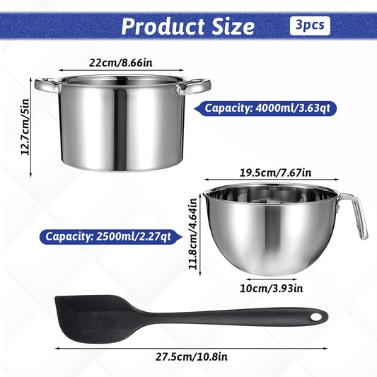 3-Piece Double Boiler, Chocolate Melting Pot Set Include 2500ml/2.3QT Mixing Bowl and 4000ml/3.63qt Stainless Steel Pot, Silicone Spatula, For Candy, Soap Wax Candle Making Supplies, Induction Safe