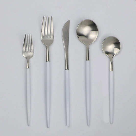 5-Pieces Luxury White Handle Silver 18/10 Stainless Steel Flatware Set, Matte Finish, Service for 1