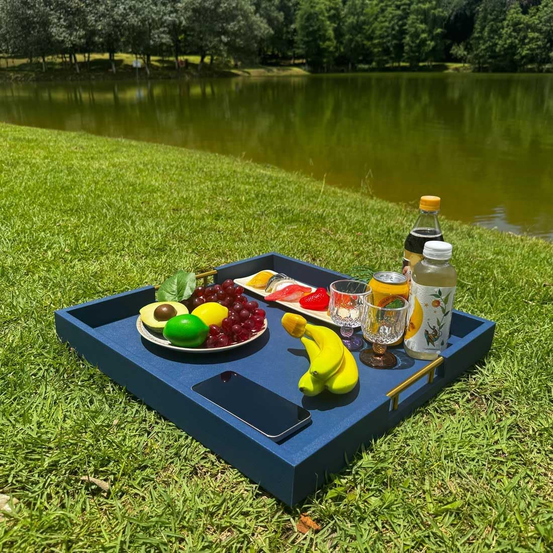 20x20 Inches Extra Large Blue Faux Leather Wrapped Wood Ottoman Tray with Handles for All Occasions, Serving Food Breakfast On Bed, Home Decor Decorative, Living Room,Square Coffee Table Organizer