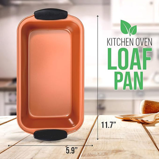 NutriChef Jovial Non Stick Loaf Baking Pan,Deluxe Copper Carbon Steel Pan with Blue Silicone Handles,Quality Metal Bakeware For Cooking&Baking Cake Loaf,Muffins&More,Compatible with Model NCSBS54S