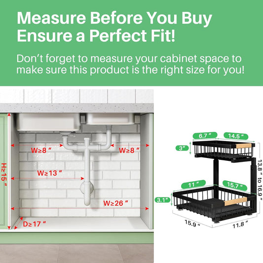 Pull out Cabinet Organizer, 2 Tier Under Sink Organizer, Slide out Metal Kitchen Cabinet Organizers Drawer Shelf, Sliding Storage Shelves for Kitchen Bathroom Pantry Cabinet Closet Organization Rack