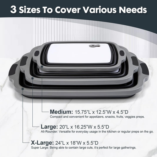 TANOSHII 3-Piece Collapsible BBQ Prep Tubs with Lids and Built-in Cutting Board – For Meal Prep Marinating Food Storage&Washing – Picnic Camping – Set of 3 – (1) Medium + (1) L + (1) XL – Black