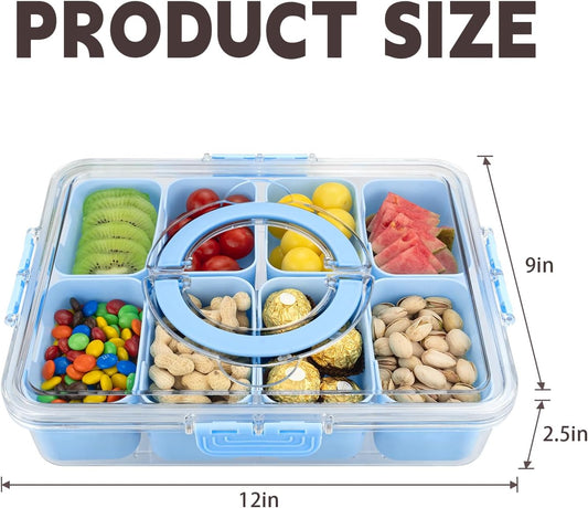 Divided Serving Tray with Lid and Handle,8 Compartments Snacks Box,Snack Fruit Veggie Tray,Portable Platter for Candy Fruits Nuts Snack Party Entertaining Picnic (Blue)
