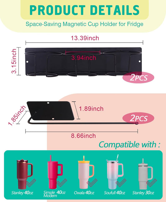 Magnetic Tumbler Holder for Stanley, Magnetic Cup Organizer for Refrigerator, Compatible with Stanley 30oz & 40oz Tumblers, Water Bottle Magnetic Rack (Grey, 6 Tumblers& 2 Lid Holder)