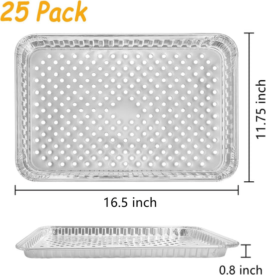 Frcctre 25 Pack Disposable Aluminum Grill Pans, 16 x 12 Inch Large Aluminum Broiler Pans Foil Grill Trays Topper Pan Sheet Pan with Holes for for Outdoor Cooking and Camping, BBQ