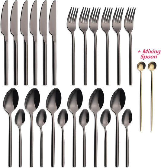 24 Piece Silverware Set For 6 Black Heavy duty 18/10 Stainless Steel Flatware Set Modern Design Knife/Fork/Spoon Mirror Polished Dishwasher Safe Cutlery Set with Gifts