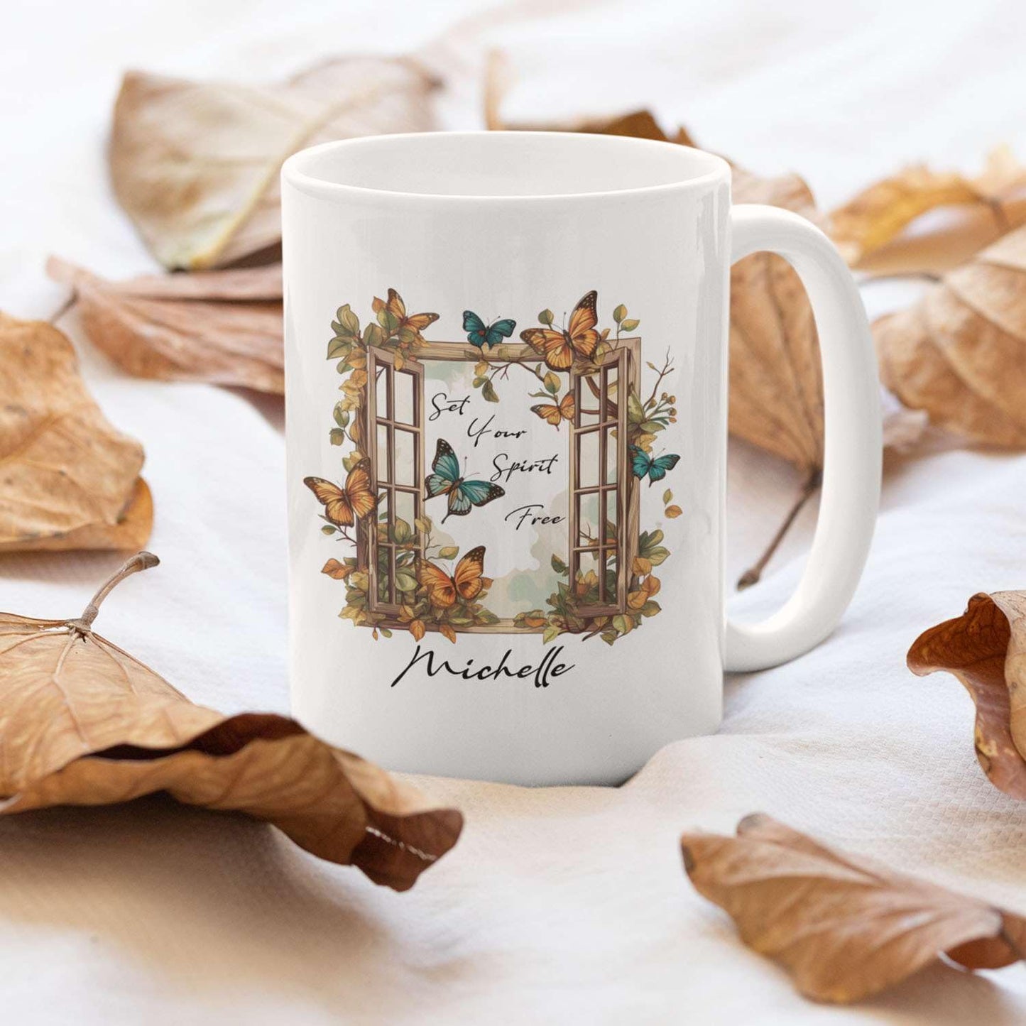 Customized Set Your Spirit Free Travel Mug, Personalized Name On Meaningful Butterfly Coffee Cup Presents For Kids, Custom Cute Animal Tea Cup For Friends Who Love Butterfly