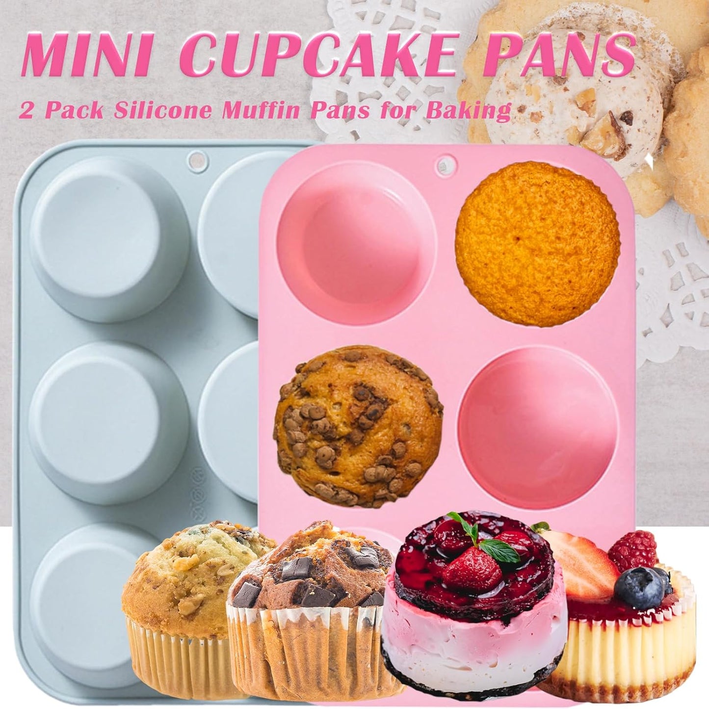 2 Pack Silicone Muffin Pans for Baking, Mini Cupcake Pans 6 Cups, Mini Muffin Pans Nonstick, Silicone Baking Cupcake Molds for Making Muffins, Cakes and Tarts