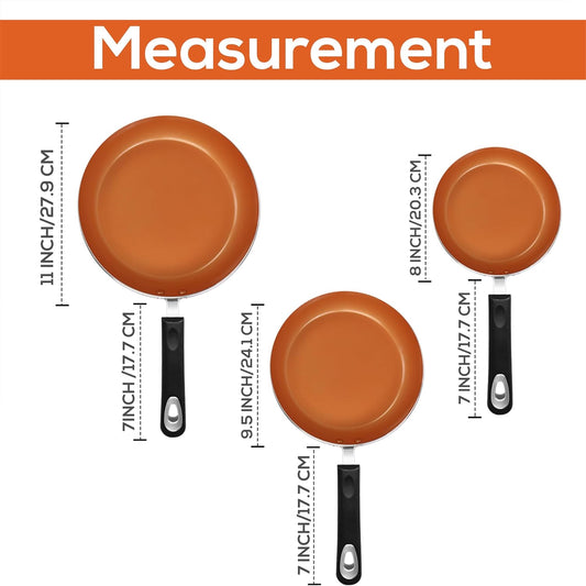 Utopia Kitchen Nonstick Cookware 3 Piece Set, Non-Stick Frying Pans with Induction Bottom, 8, 9.5 & 11 Inches Frying Pans with Bakelite Handles, PFOA Free, Grey & Copper