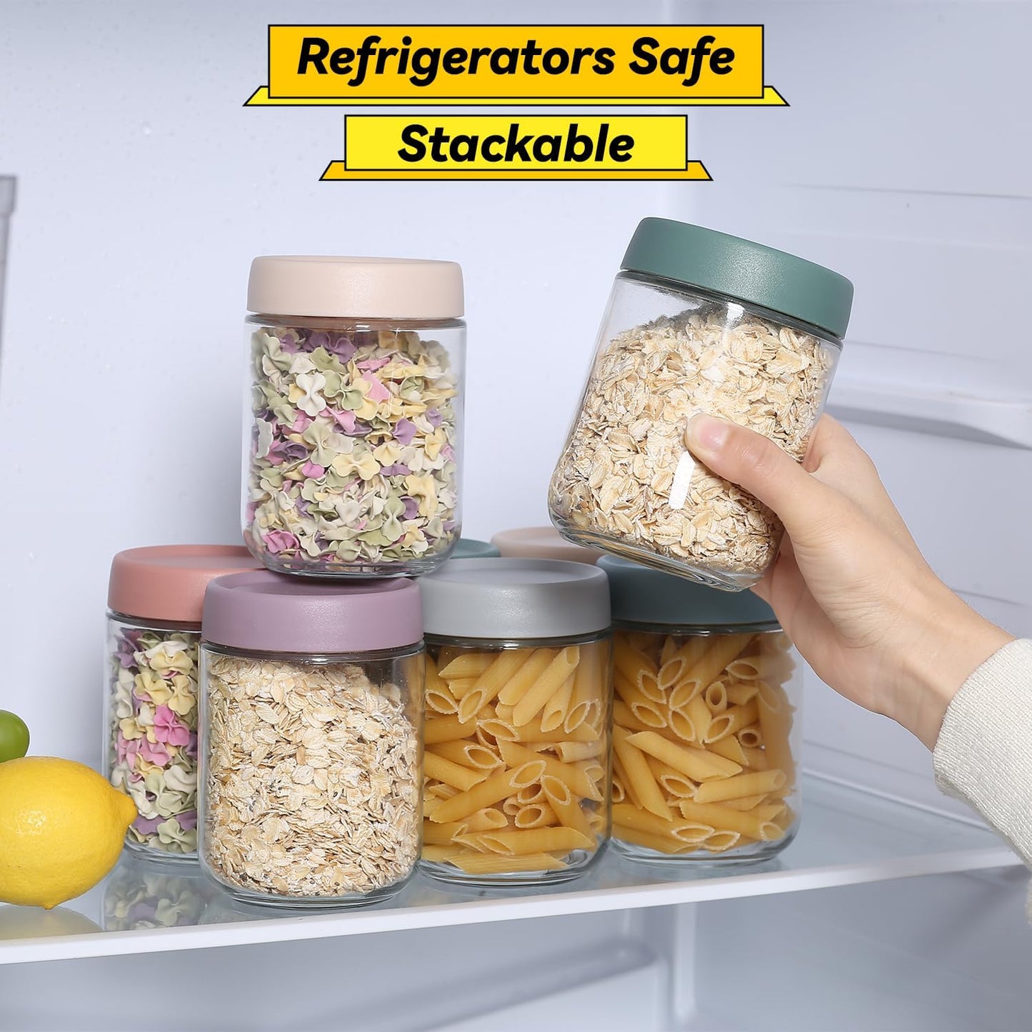 16Oz Overnight Oats Containers 16 OZ Mason Food Jars With lid Wide Mouth Glass Food Storage For Oats Yogurt Vegetable and Fruit Salad Spices Jam (6 Pack Color Lid)