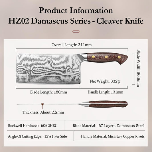 HEZHEN Meat Cleaver Knife,7 Inches, 67 Layers Damascus Steel Kitchen Knife, Professional Cleaver Knife for Meat and Vegetable Cutting, Ultra Sharp, Ergonomic Micarta Handle, Gift Packing