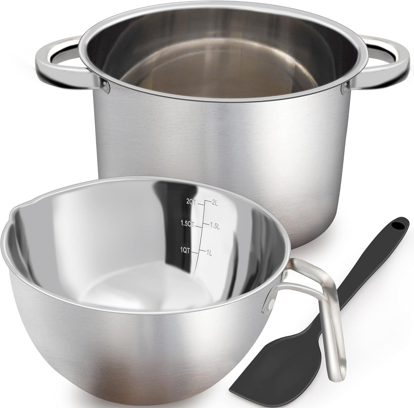 Marsheepy Double Boiler Pot Set,2000ML/1.8QT Mixing Bowl for Chocolate Melting, 2800ML/ 2.54QT 304 Stainless Steel Pot With Silicone Spatula for Melting Chocolate, Candy, Candle, Soap, Wax