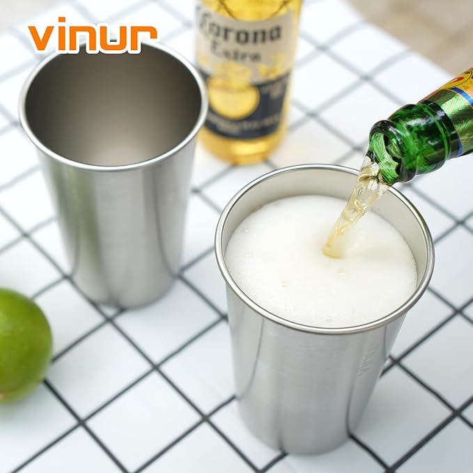 VINUR 16 oz Stainless Steel Cups 4 Pack Pint Tumbler Stackable Metal Drinking Glasses for Travel, Camping, Outdoors (Purple Pink-Sky Blue-Purple-Baby Blue)